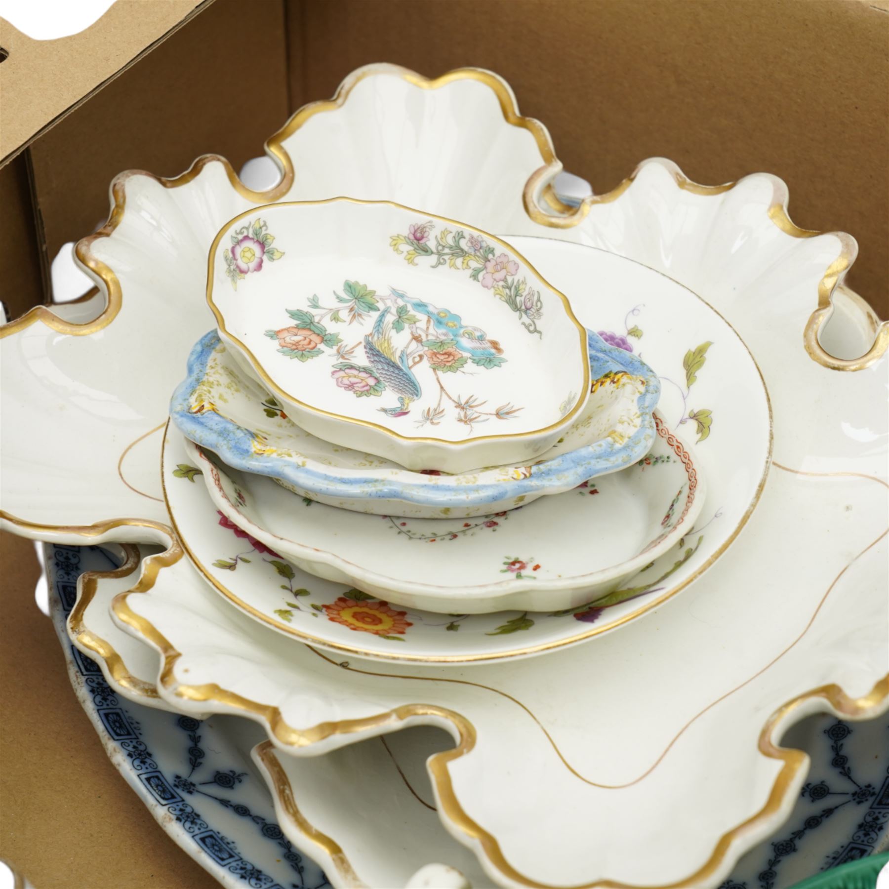 19th century Ironstone part dinner service, four Wedgwood leaf pattern plates, three 19th century coffee cans and other items