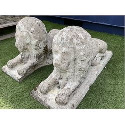 Pair composite stone garden recumbent lions - THIS LOT IS TO BE COLLECTED BY APPOINTMENT FROM DUGGLEBY STORAGE, GREAT HILL, EASTFIELD, SCARBOROUGH, YO11 3TX