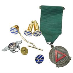 Collection of vintage car badges including AA, RAC, county badges, VW cufflinks etc