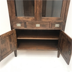 Contemporary stained hardwood glazed cabinet, two glazed doors above two drawers and two cupboards, square tapering supports, W115cm, H196cm, D48cm