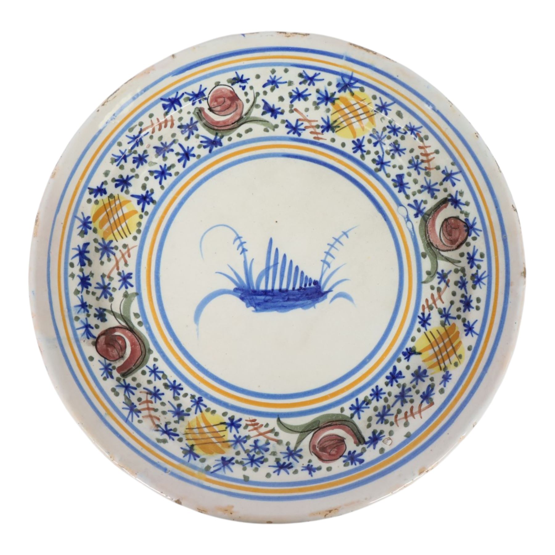 Pair of 20th century Spanish tin glazed polychrome plates, each painted with central foliate spray, within a stylised border, D32cm 