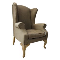 Hardwood-framed wingback armchair, upholstered in dog tooth pattern fabric, on cabriole supports 