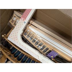 Dolls House building accessories, including three stair cases, a quantity of doors and windows, skirting board, coving, kitchen and fireplaces scenes and a collection of wired and non wired light fittings