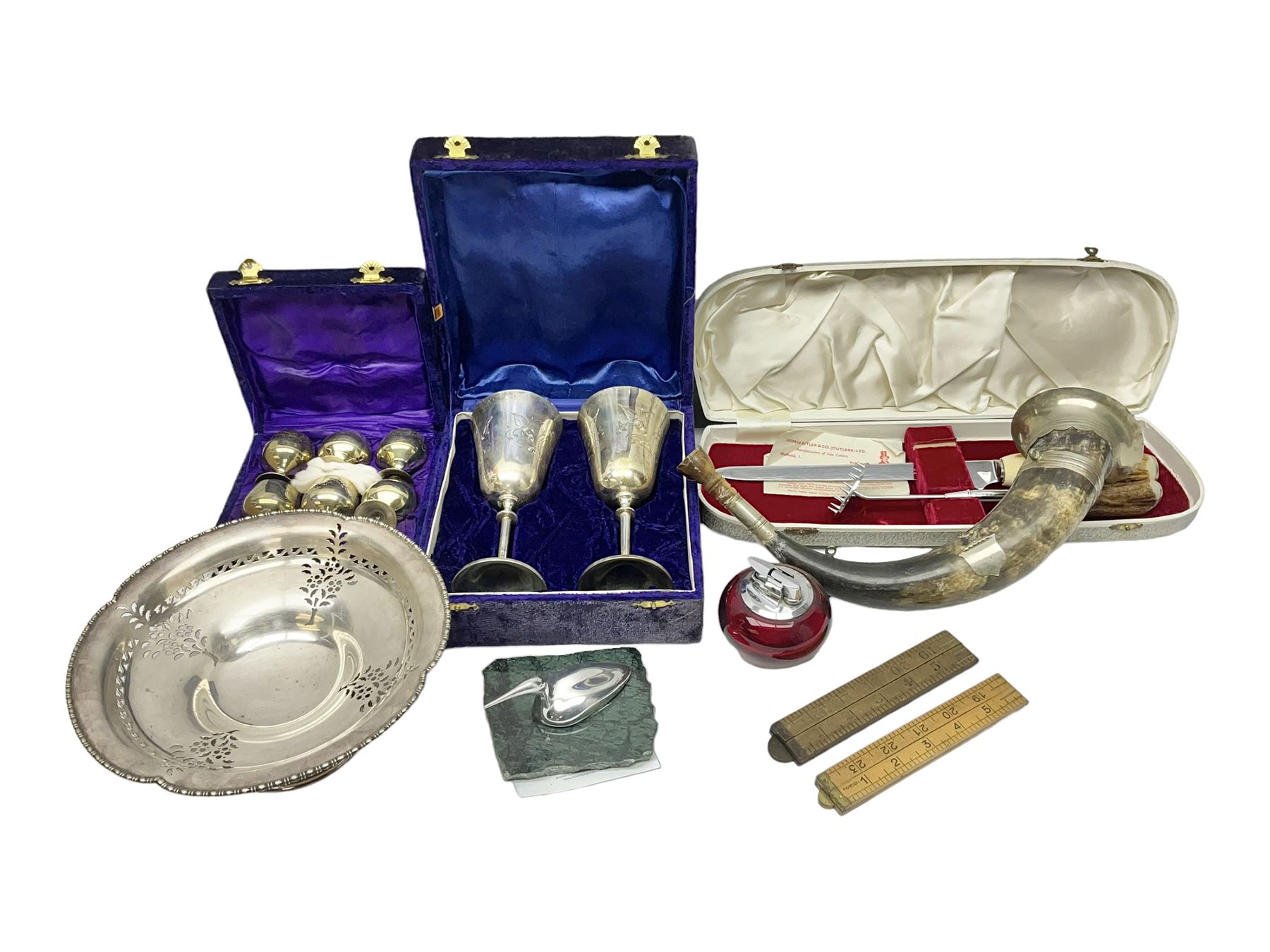 Hunting horn, with silver plated mounts, Ronson red glass table lighter, silver plated bowl, goblets and liquer glasses and other collectables