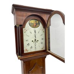 A late eighteenth century c1790 mahogany longcase clock with a flat topped hood and dentil cornice, glazed break arch hood door with flanking side columns and brass capitals, long trunk with canted corners, spire topped crossbanded door on a square plinth with inlay, painted break arch dial with Roman numerals and five minute Arabic’s, spandrels depicting flowers within raised gesso borders and an oval cameo of a seated lady in the landscape to the break arch, non-matching steel hands, subsidiary seconds dial and semi-circular date aperture with date ring behind, dial pinned via a cast falseplate to a rack striking eight-day movement, striking the hours on a cast bell.  With pendulum and weights. 



