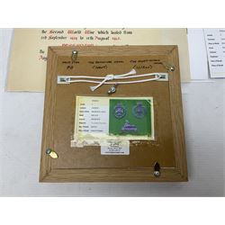 WWI group of three medals with bronze memorial plaque comprising 1914-15 Star, British War Medal and Victory Medal awarded to 16554 Pte. T. Andrew Linc. R. who died on 26th July 1916 whilst travelling to Vimy Ridge, polished and mounted for display in a frame; together with small archive of research material and two WWII V.E. Day Presentation Certificates from the people of Holbeach in Lincolnshire