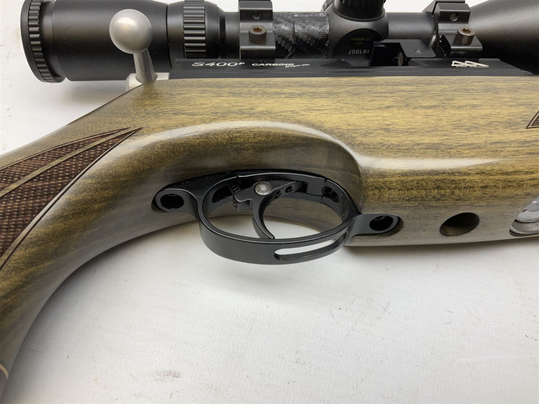 Air Arms S400F Carbine bolt-action .22 multishot air rifle, pump-up action, adjustable trigger, fitted with sound moderator and Nikko Stirling Mountmaster 3-9 x 50 telescopic sight, complete with stirrup type pump, pressure gauge etc, serial no.135456, L106cm; in gun sling