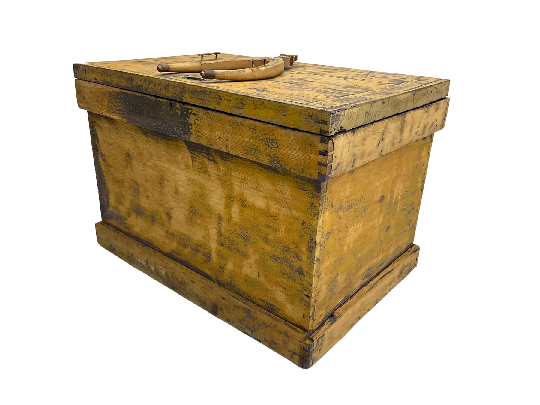 19th century scumbled pine horse tack storage box with yoke atop lid, and 'horse' inscribed on front