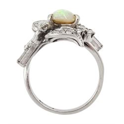 Platinum rectangular opal, round and baguette diamond openwork design ring, stamped Plat