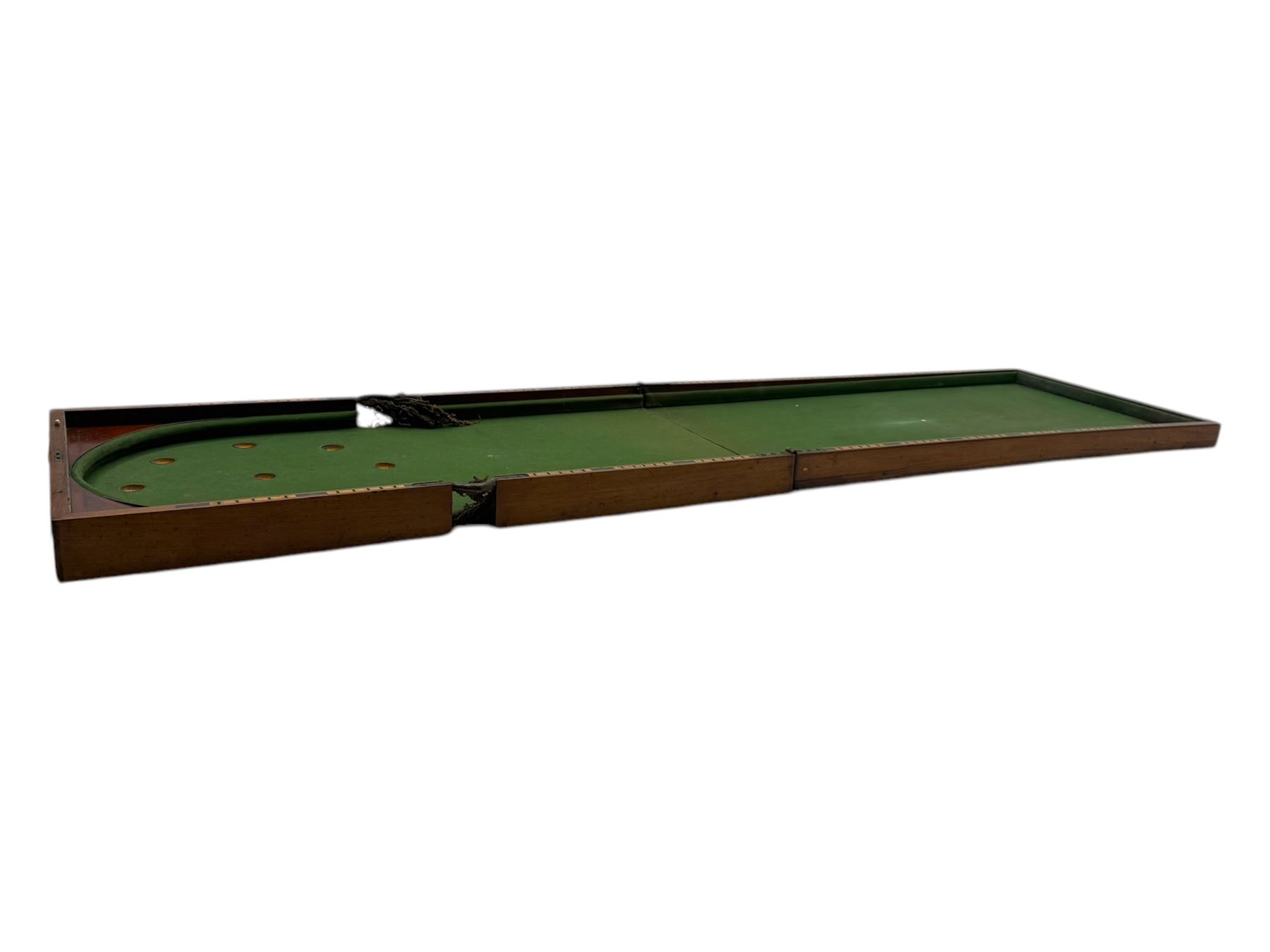 19th century mahogany cased bagatelle board, hinged case opening to reveal baize playing surface 