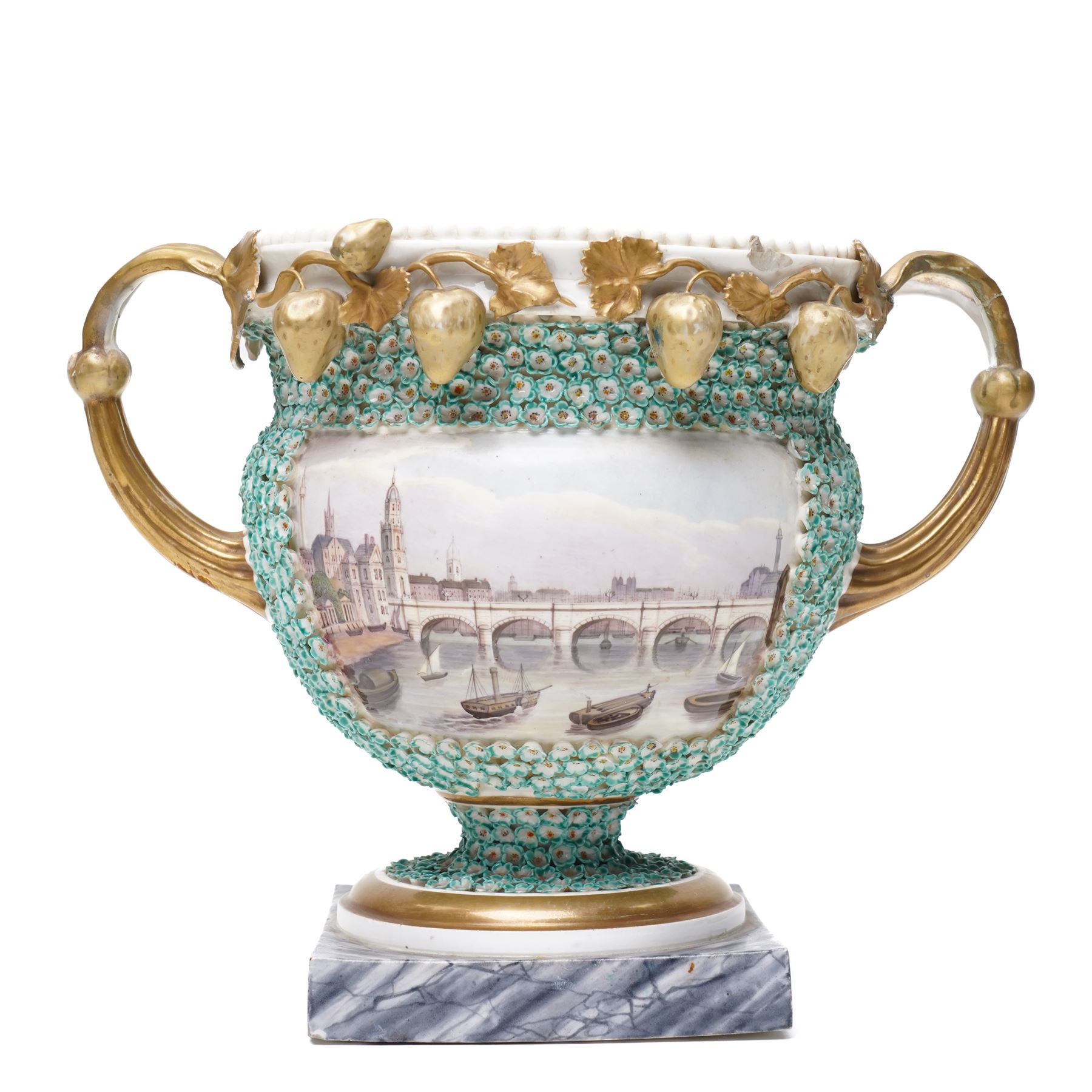 Pair of 19th century Grainger Lee & Co Worcester urns, c1820s-1830s, hand-painted with views of 'Near London Bridge' and 'Brighton Pavilion' upon a ground of encrusted forget-me-not decoration, the beaded rim with twin naturalistically formed handles, leading into vines moulded with strawberries in high relief, the pedestal painted to imitate marble, painted marks to base, H20cm