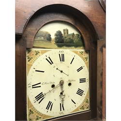  Early 19th century oak and mahogany longcase clock, the hood with swan neck pediment, trunk door flanked by canted corners with turned quarter columns, enamel dial painted with town church and river scene, singed 'C. Skelton, Malton', 30-hour movement striking on bell, H224cm  