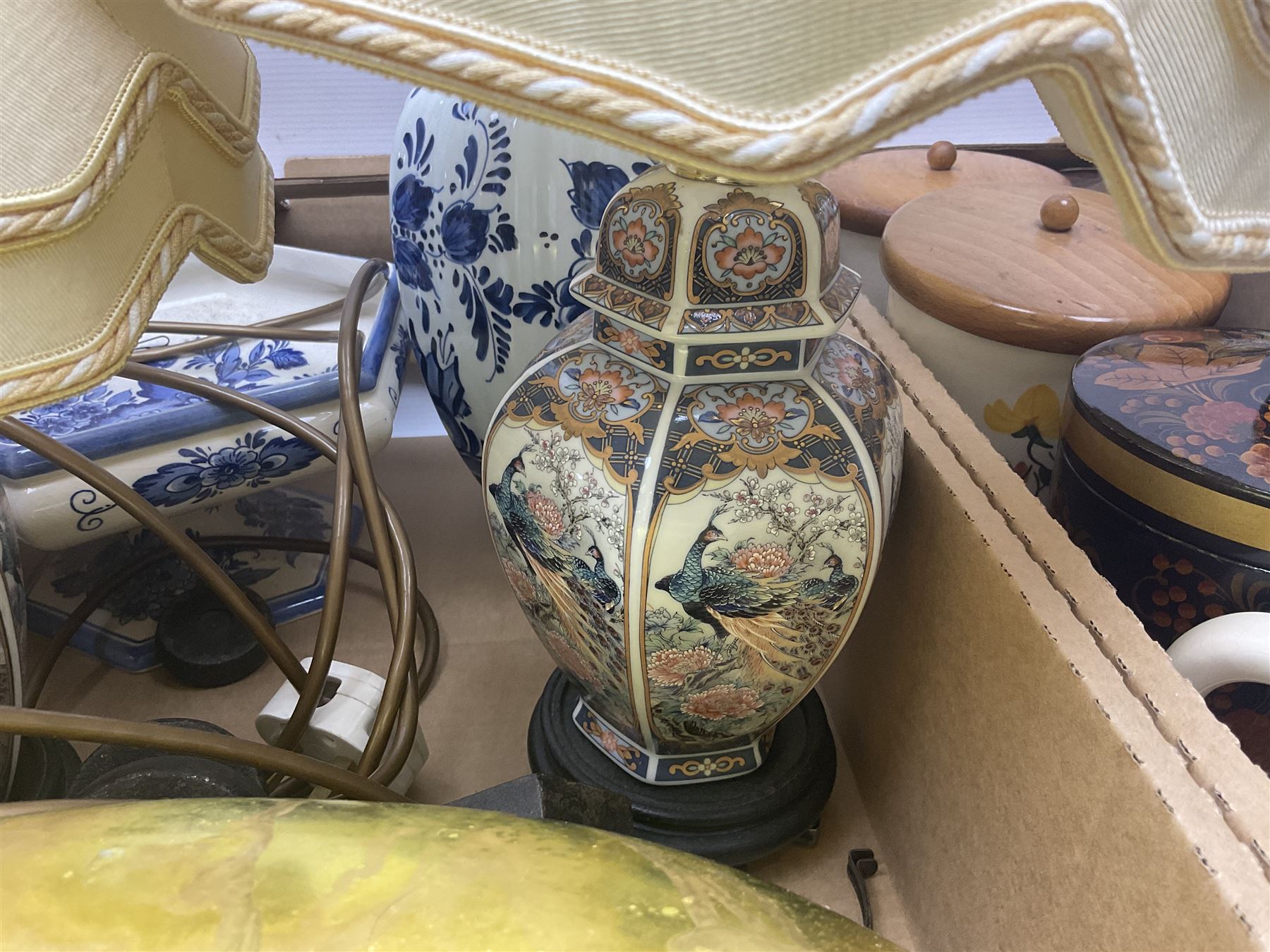 Set of metal weighing scales, pair of Chinese style ceramic table lamps, blue and white ceramics, oriental ceramics and a collection of other glassware, metal ware and collectables, in five boxes 