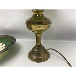 Brass oil lamp converted to electricity with leaded green and cream shade, together with another matching shade, lamp H45cm