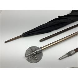 Early 20th century curved horn handle walking stick with hallmarked silver mounts, engraved L Russell 1918, together with a shooting stick by William Mills Birmingham, with leather handle, 'The Featherwaite' shooting stick and an umbrella with wooden handle