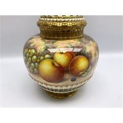 Mid 20th century Royal Worcester potpourri vase and cover decorated by Alan Telford, of ovoid form with inner cover and pierced gilt outer cover with bud finial, upon short gilt circular foot, the body part moulded with basket weave bands in gilt and bronze, and hand painted with a still life of fruit upon a mossy ground, signed Telford, with black printed mark beneath and painted shape number 1286, H25.5cm