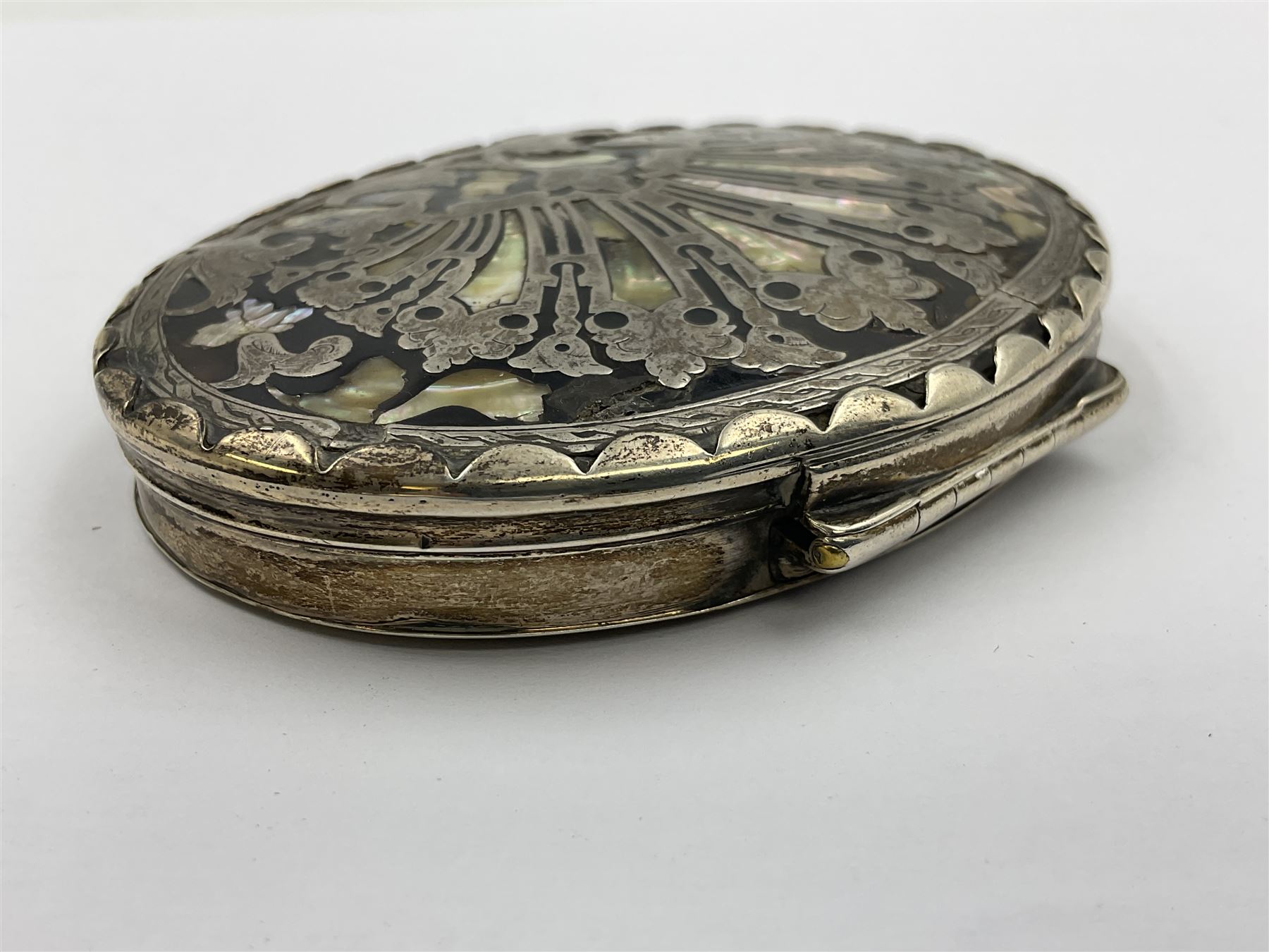 18th century silver plated oval snuff box with tortoiseshell lid inlaid with silver and mother of pearl 