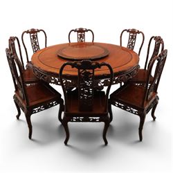 20th century Chinese ornately hardwood dining table and chairs, circular table with 'Lazy ...