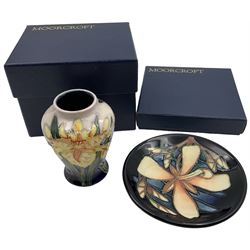 Moorcroft vase, decorated in Windrush pattern, by Debbie Hancock, circa 2001, H10cm, together with Moorcroft pin dish in panache pattern by Sian Leeper, circa 2004, D12cm, both with original boxes 