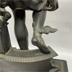 20th century bronze, modelled as Mercury with caduceus, winged talaria and winged petasus, one foot upon an architectural support, upon black marble breakfront plinth, overall H63cm