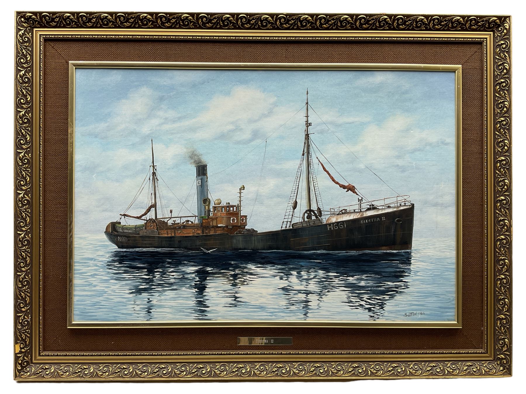 Keith Sutton (British 1924-1991): Ship's Portrait of a Hull trawler 'Electra II', oil on board signed and dated 1986, titled on the frame 50cm x 76cm