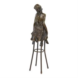 Art Deco style bronze modelled as a semi naked female figure, seated upon a chair, signed  Pierre Collinet, H27cm