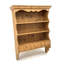 Solid pine plate rack with small drawers, W90cm, H115cm, D29cm