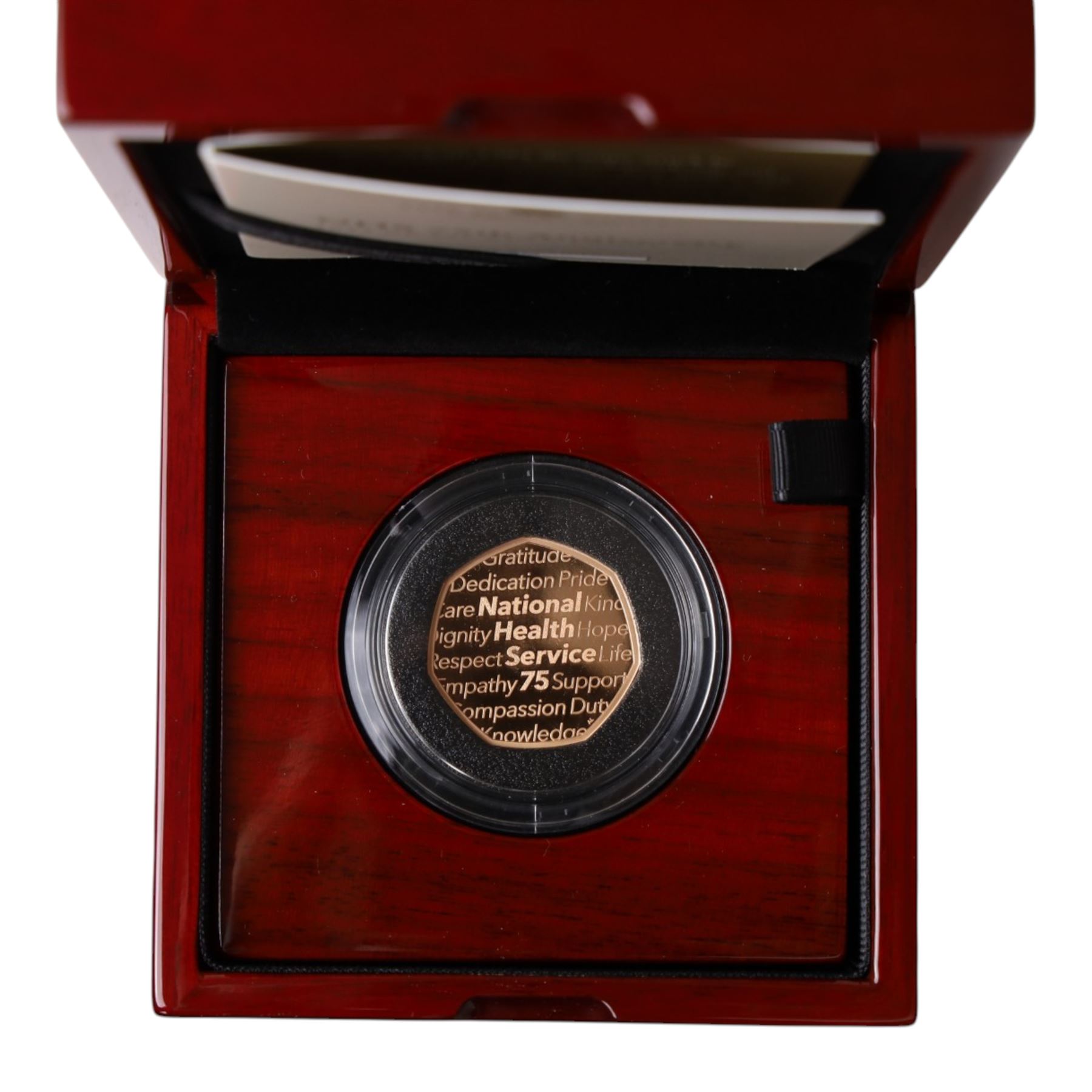 The Royal Mint United Kingdom 2023 'NHS 75th Anniversary' gold proof fifty pence coin, cased and boxed with certificate