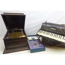  Columbia Grafonola oak cased gramophone with a collection of 78's  and a Soprani Three accordion in case   