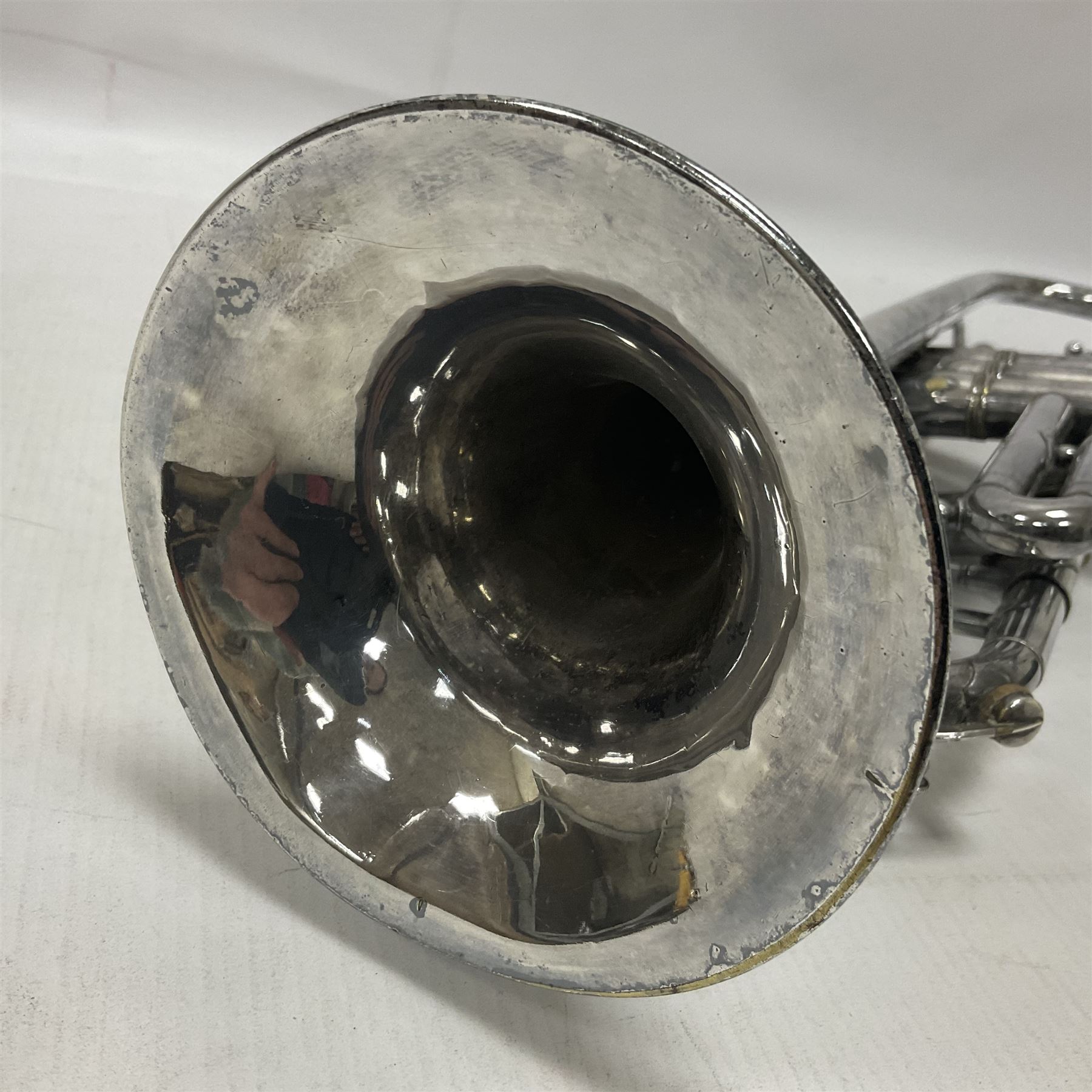 Victorian Class A silver plated trumpet retailed by Kitchen & Co,29 Queen Victoria Street Leeds, 1897 with mouthpiece/slide and in its original felt lined box
