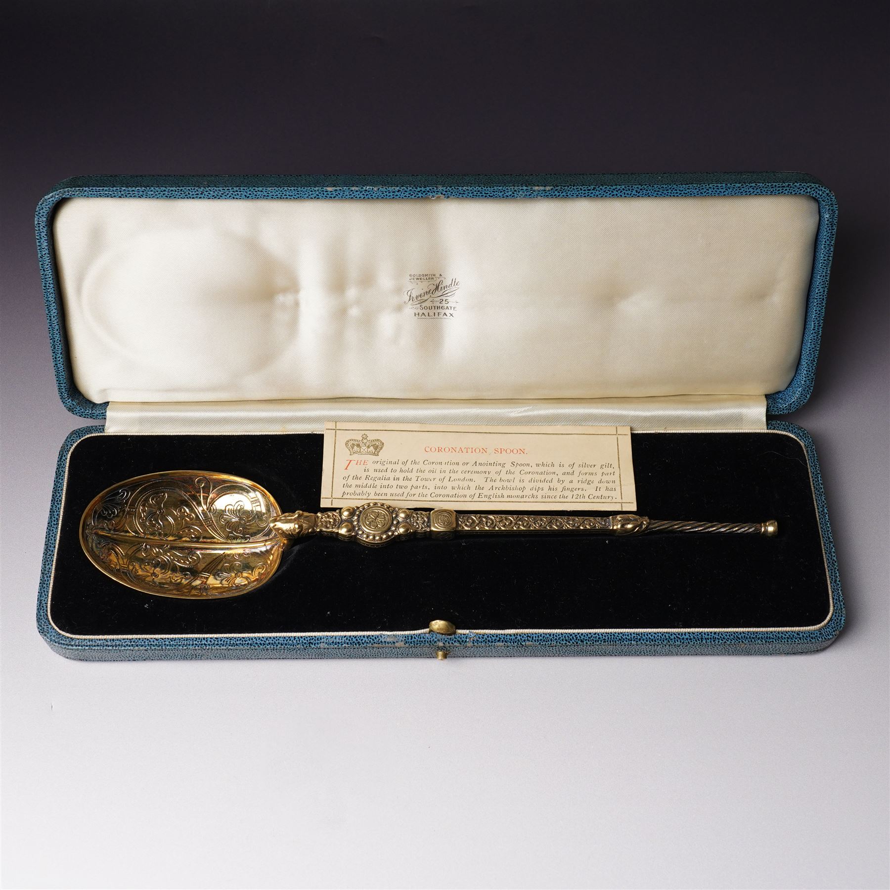 George III silver pap boat with gilded interior London 1799 and a silver gilt copy of the Coronation spoon, cased L25cm London 1936 Maker Wakely & Wheeler