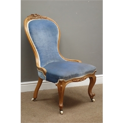  Victorian walnut framed nursing chair, shell and acanthus carved cresting rail, cabriole supports, H93cm  