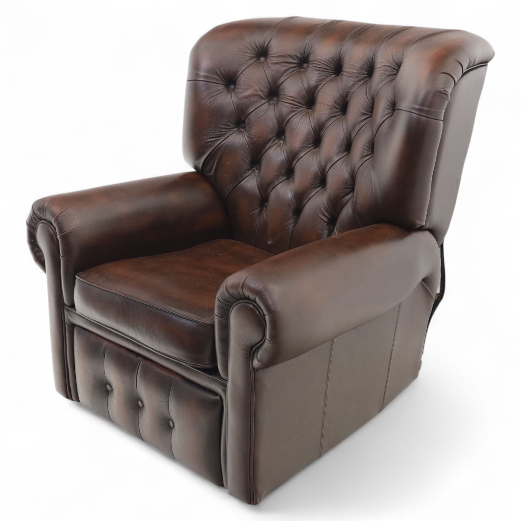 Thomas Lloyd  - electric reclining armchair, brown leather,  button upholstered back, cushion seat, and wide scrolled arms, raised on bun feet 