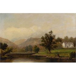 English School (19th Century): Cottage and River Landscape, oil on canvas indistinctly signed, also titled 'on the -' indistinctly verso in large gilt frame 60cm x 90cm