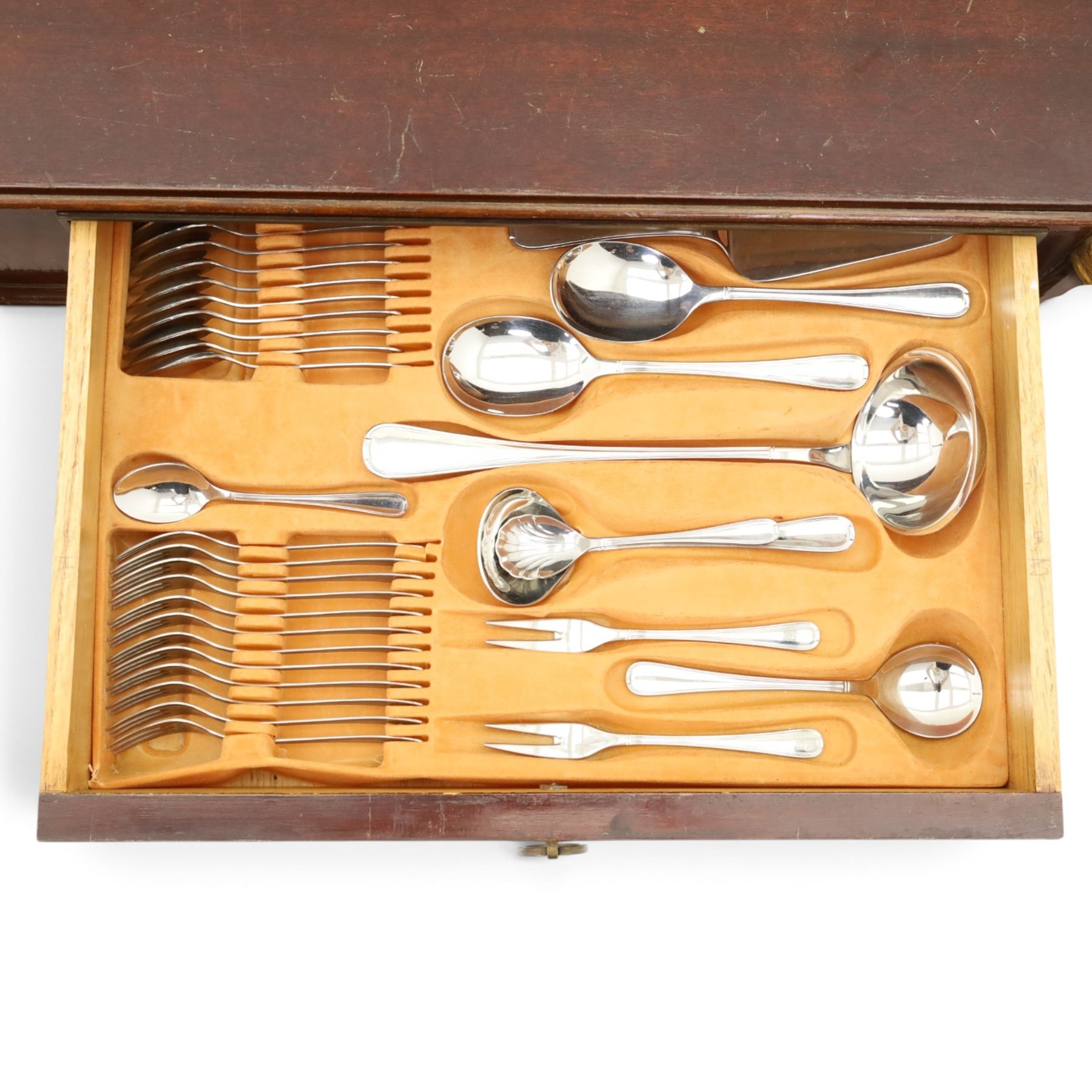 Mahogany cased canteen of Solingen cutlery, raised upon turned legs