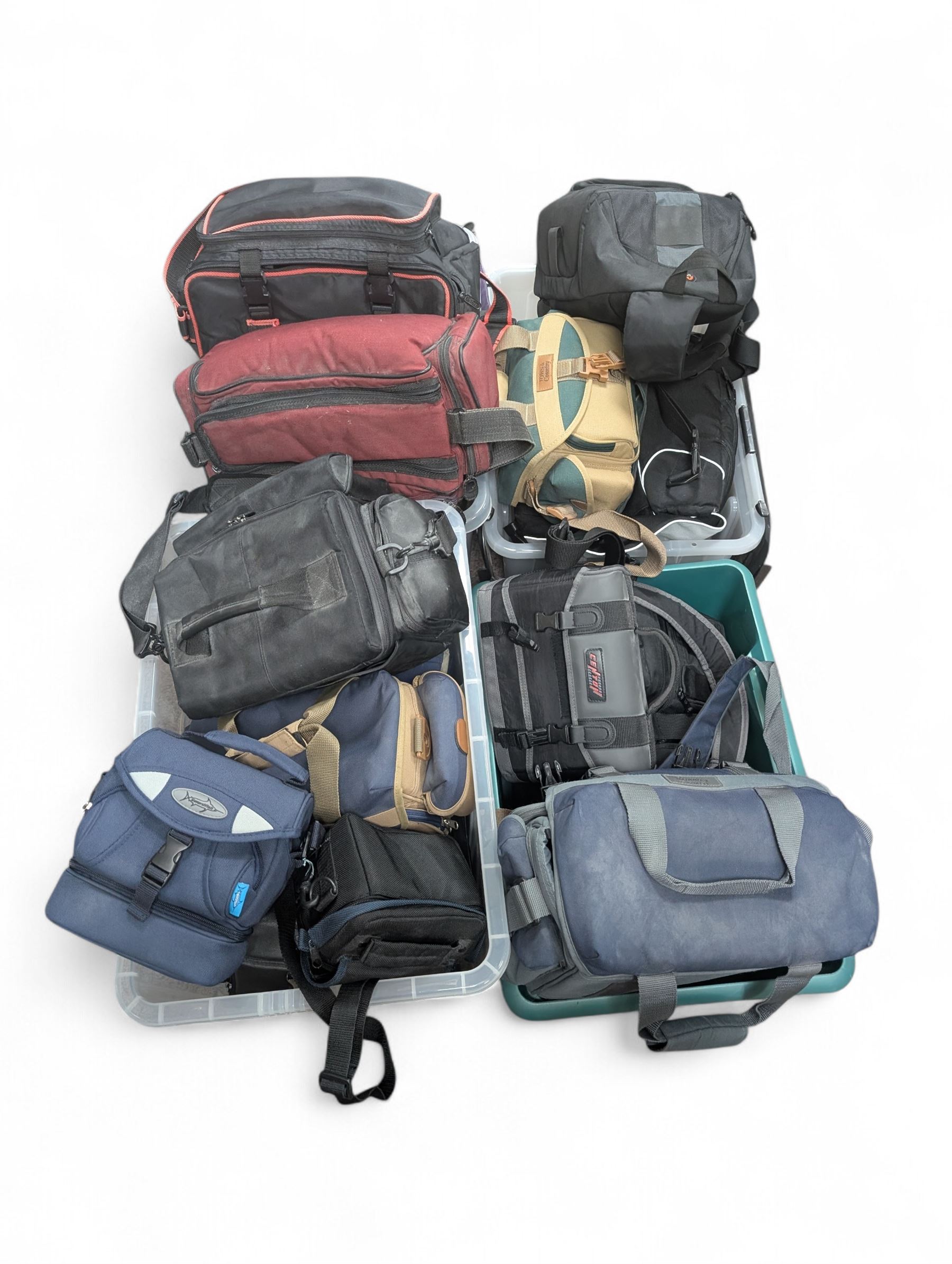 Large collection of camera bags and carry cases, including Lowepro, Town & Country, Nikon, Centon, Swordfish examples, in four boxes