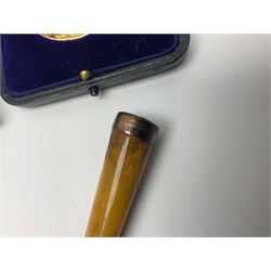 9ct gold and amber cheroot holder, bone fan, collection of coins, etc 