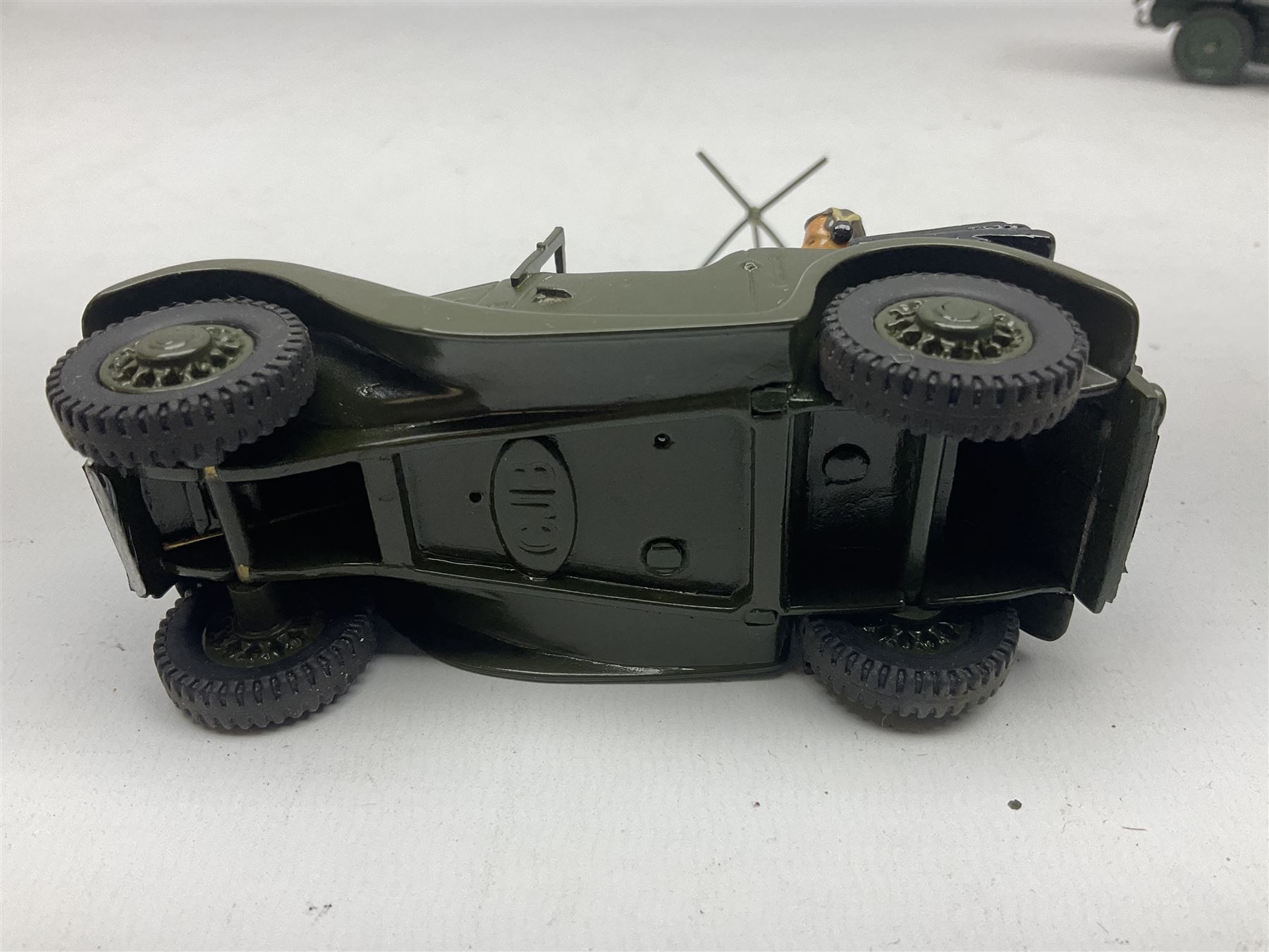 CJB Morris Military Field Wireless car with antenna, driver and operator L11cm; CJB Military covered wagon with two figures; and CJB maroon and white painted flat-bed truck with driver (3)