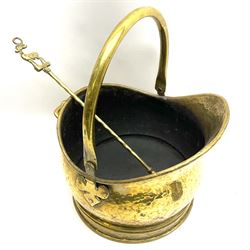 Brass coal bucket with hammered finish, together with a brass toasting fork with stag terminal 