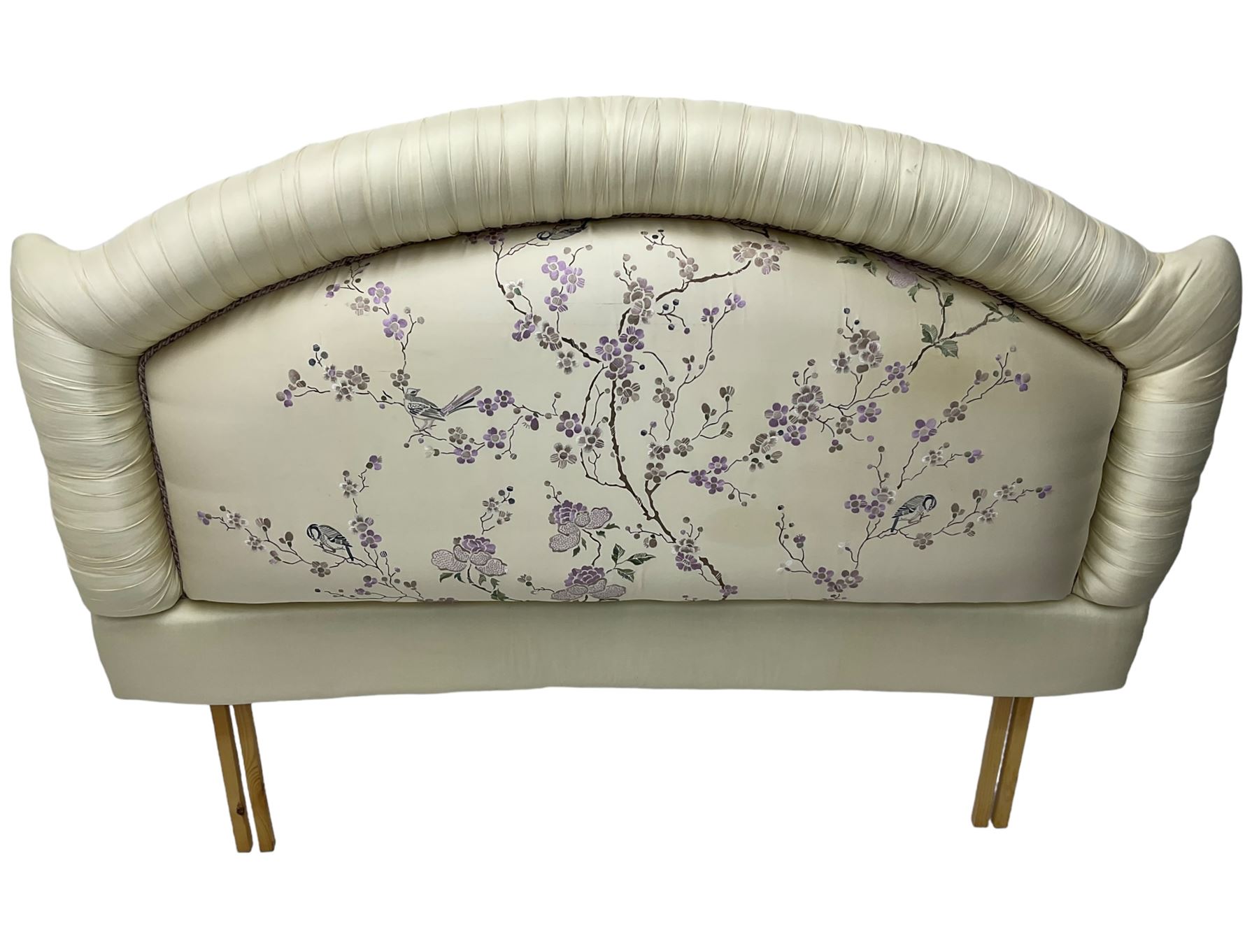 5' Kingsize headboard with stepped arch cresting, upholstered in cream silk with raised stitching decorated with trailing foliage branches and birds; matching bedspread (251cm x 218cm); two matching cushions  