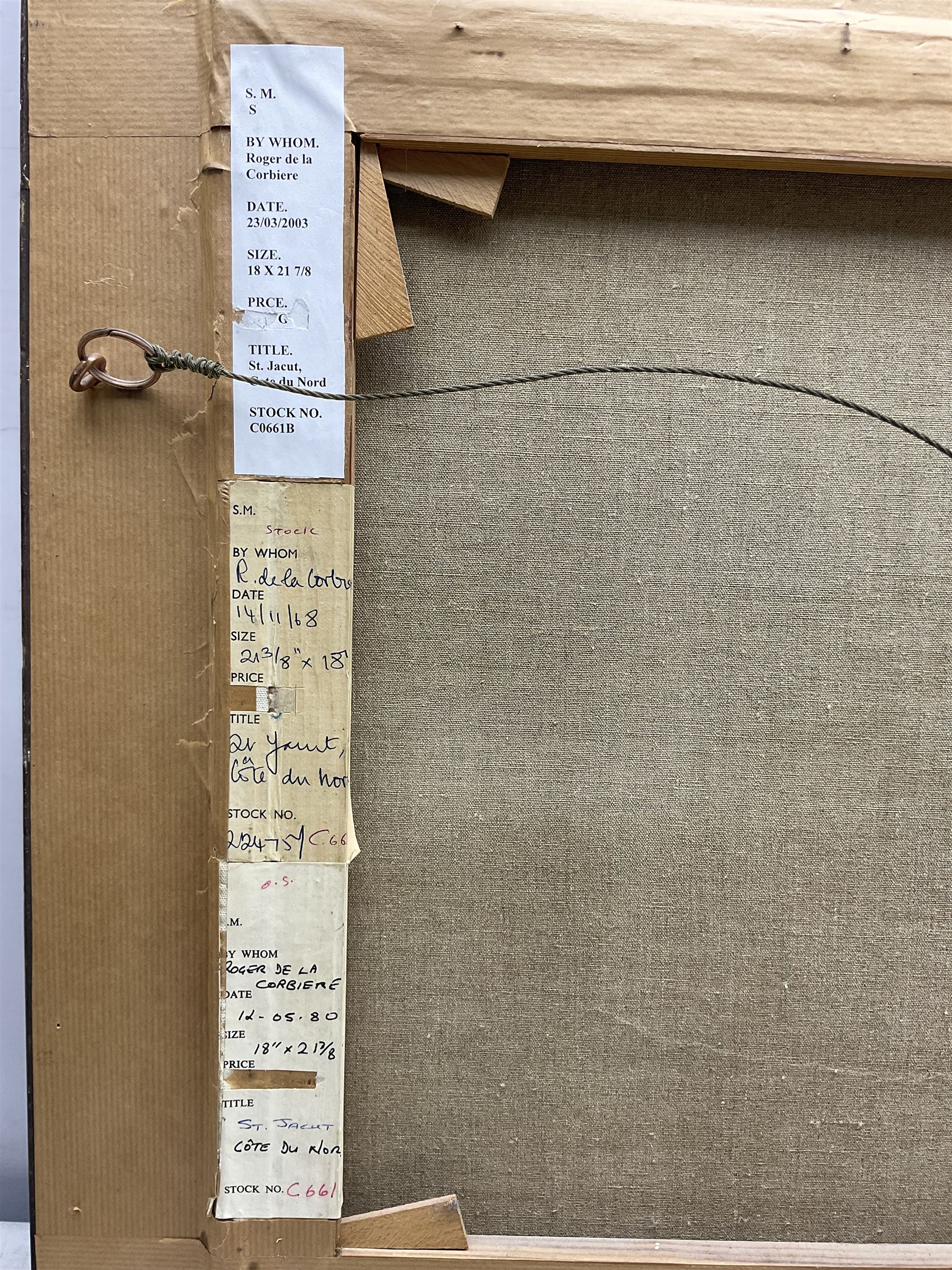 Roger de la Corbière (French 1893-1974): 'St Jacut - Côte du Nord', oil on canvas signed, titled on gallery labels verso 44cm x 53cm 
Provenance: with E Stacy-Marks Ltd. (thrice), Eastbourne and Folkington, labels verso