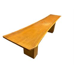 Large oak tree slab dining table, rectangular plank top over twin end supports (W292cm D84cm H78cm); and pair of matching benches, rectangular plank top over three supports with sledge feet (W291cm D41cm H50cm)