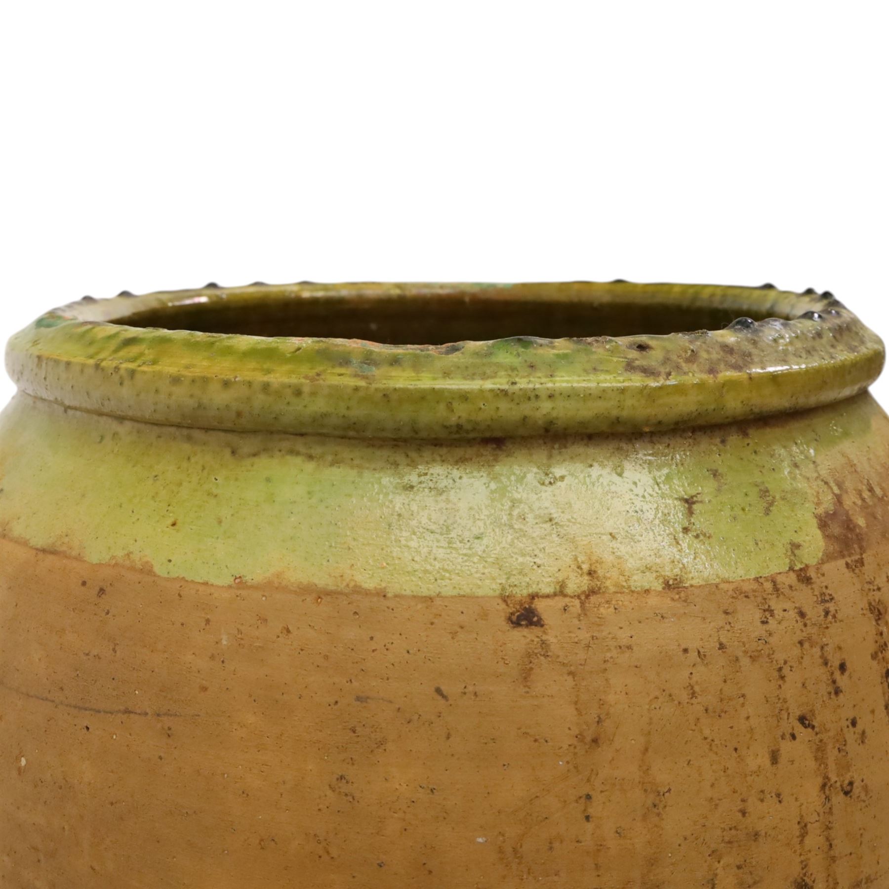 Large Continental terracotta olive jar, of typical baluster form with a green glaze band decoration, H46cm