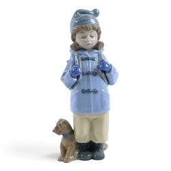 Lladro gres figure Boy on Bridge no.2237, together with Winter Boy no 5220 and a Nao figure