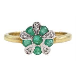Silver-gilt emerald and diamond cluster ring, stamped 925