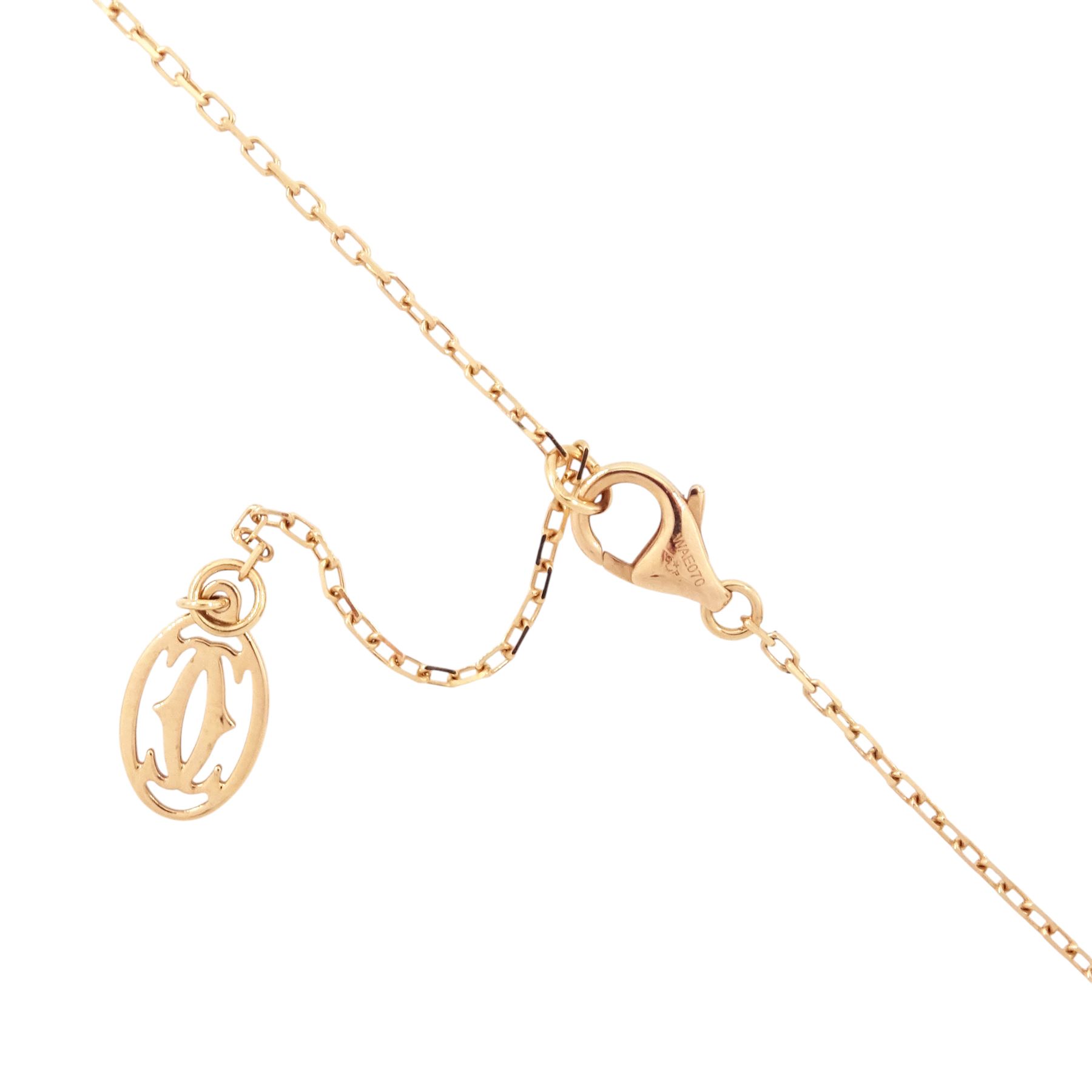 Cartier d'Amour 18ct rose gold pink sapphire pendant necklace, bezel set with a single round cut sapphire of approx 0.15 carat, boxed with certificate