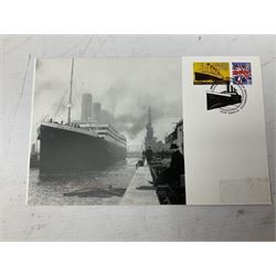 Titanic cover with Canadian cancellation signed David Haisman and cover with Queenstown cancellation signed by stamp designer, book signed David Haisman, two Titanic covers and book signed David Haisman, Titanic Facsimile postcard signed David Haisman and cover with Alderney cancellation signed by stamp designer, Biography of Edith Brown signed David Haisman (9)