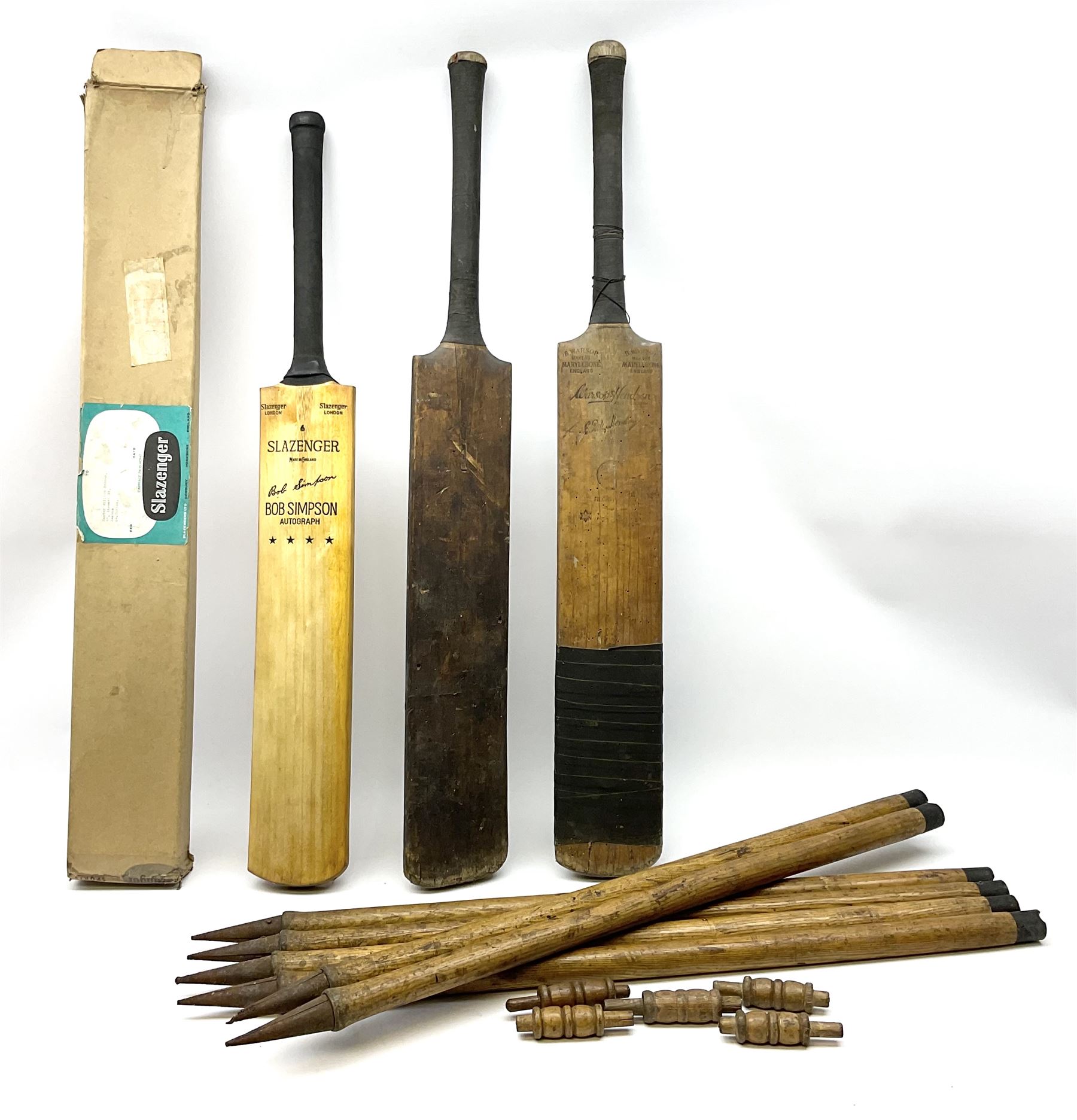 Cricket bat with Bob Simpson autograph, together with B Warsop Hendren autographed bat, another bat and six stumps and bales