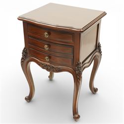 Pair of French Rococo design bedside chests, with serpentine fronts, two drawers, brass handles and carved floral decoration, raised on cabriole legs with scroll feet