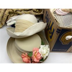 Collection of mostly vintage textiles, to include various linens and lace, including some embroidered examples, length of floral flocked fabric, etc., plus two vintage hats 